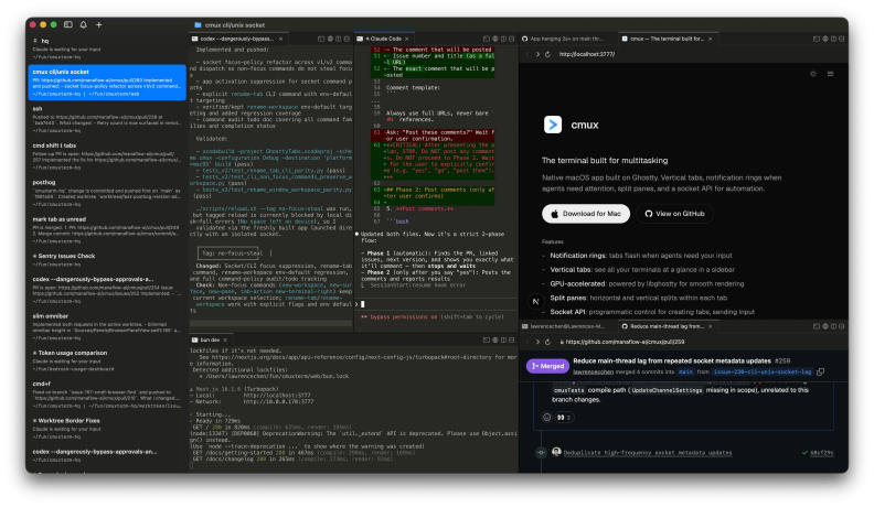 cmux: a native macOS terminal on Ghostty — vertical tabs, split panes, agent-done notifications.