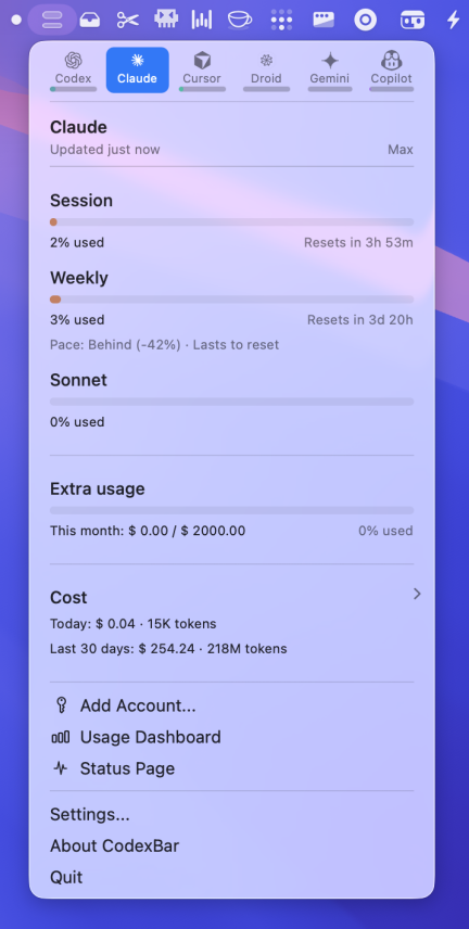 CodexBar: a macOS menu-bar readout of each tool's quota and reset countdown.
