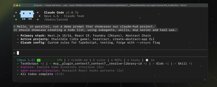 claude-hud plugin: real-time context-consumption percentage in the status bar.