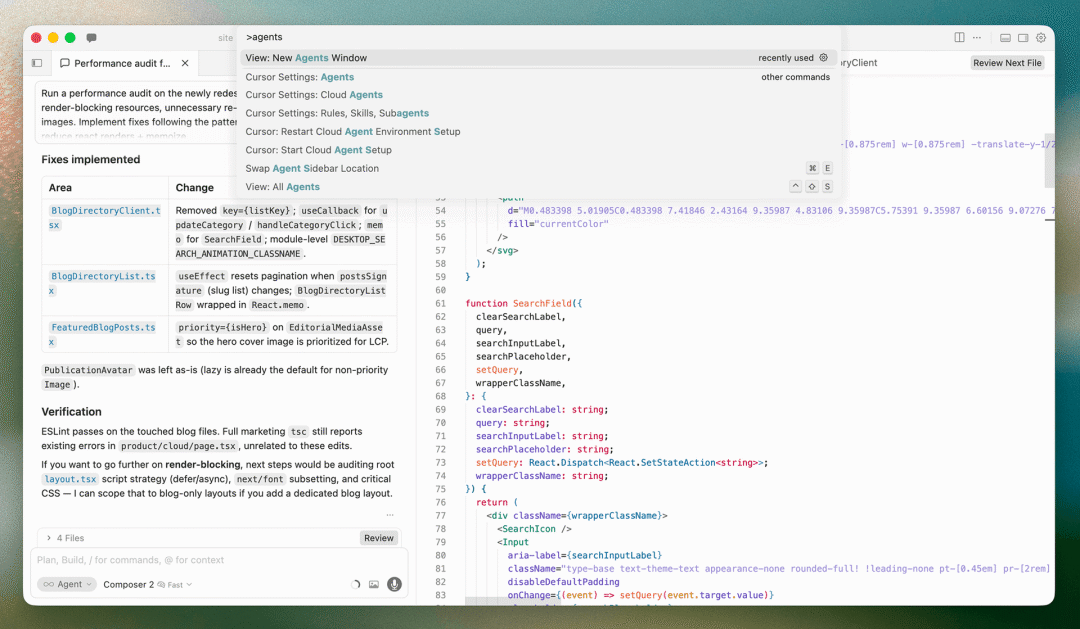 Cursor 3.0 Agents Window: parallel agents, cloud execution, diff-first review.