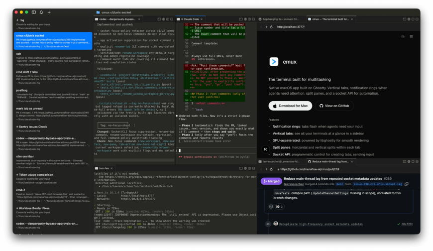 cmux: a vertical tab bar showing each agent's git branch, PR status, and working directory.