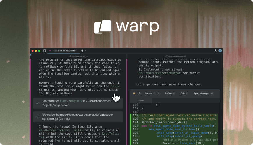 Warp: Terminal on the left for local agents, Oz on the right for cloud orchestration.
