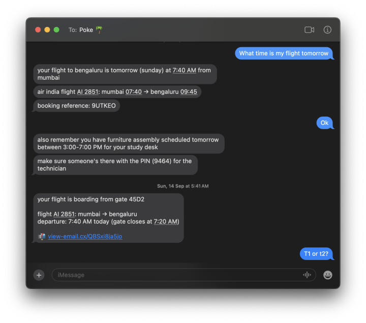 Poke as a proactive assistant — real usage screenshot / source: Shlok Khemani.