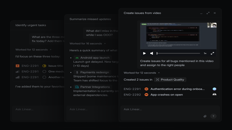 Three typical uses: surface urgent tasks, summarise missed updates, auto-create issues from video.