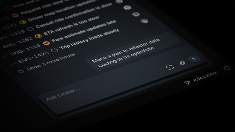 'Ask Linear...' — the chat input floating above the issue list, Linear's new entry point.