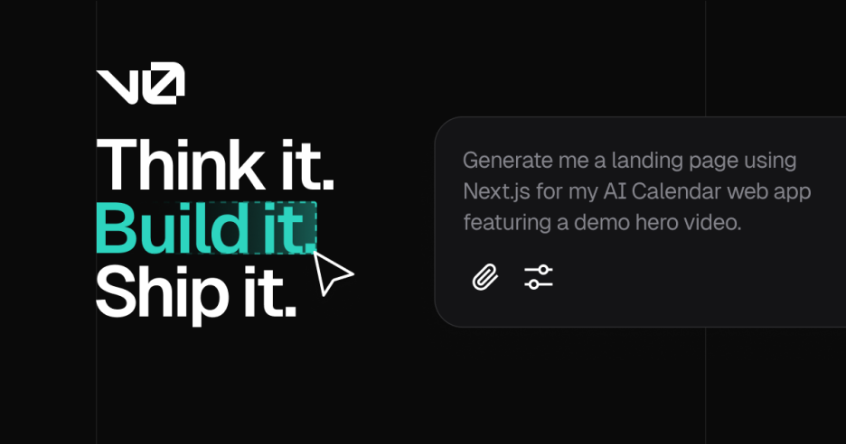 v0.app: 'What do you want to build?' — talk to generate an app.